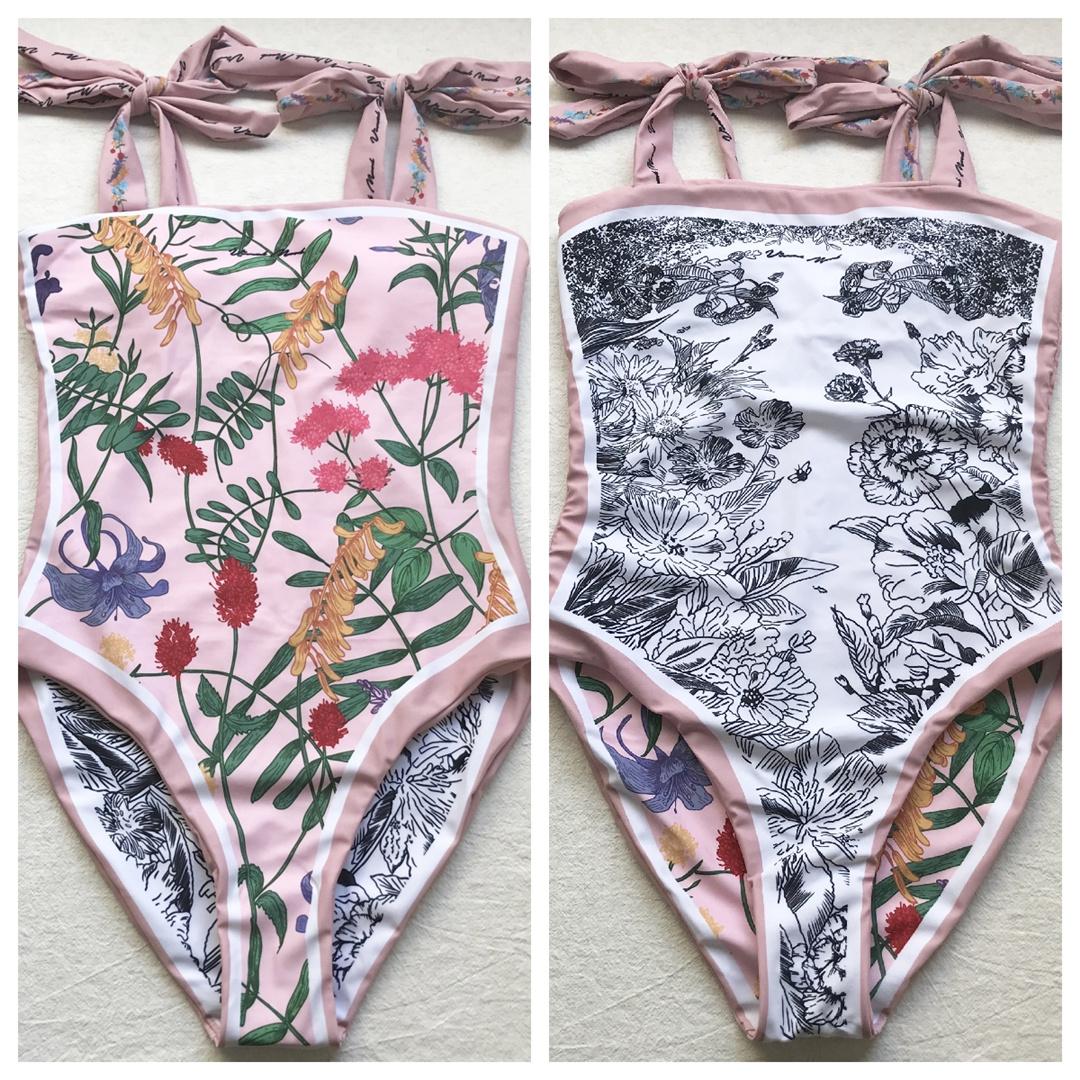 

Двусторонний женский купальник с цветочным принтом, цельный купальник, женский купальный костюм с цветочным принтом и высоким вырезом, купальный костюм для плавания L розовый