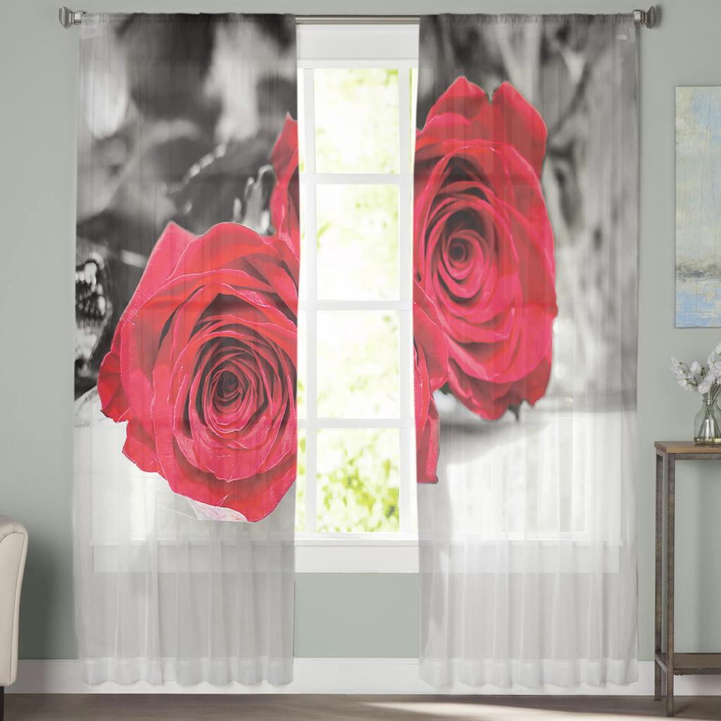 Red Rose Flower Modern Curtains For Living Room Transparent Tulle Curtains Window Sheer For The Bedroom Accessories Decor