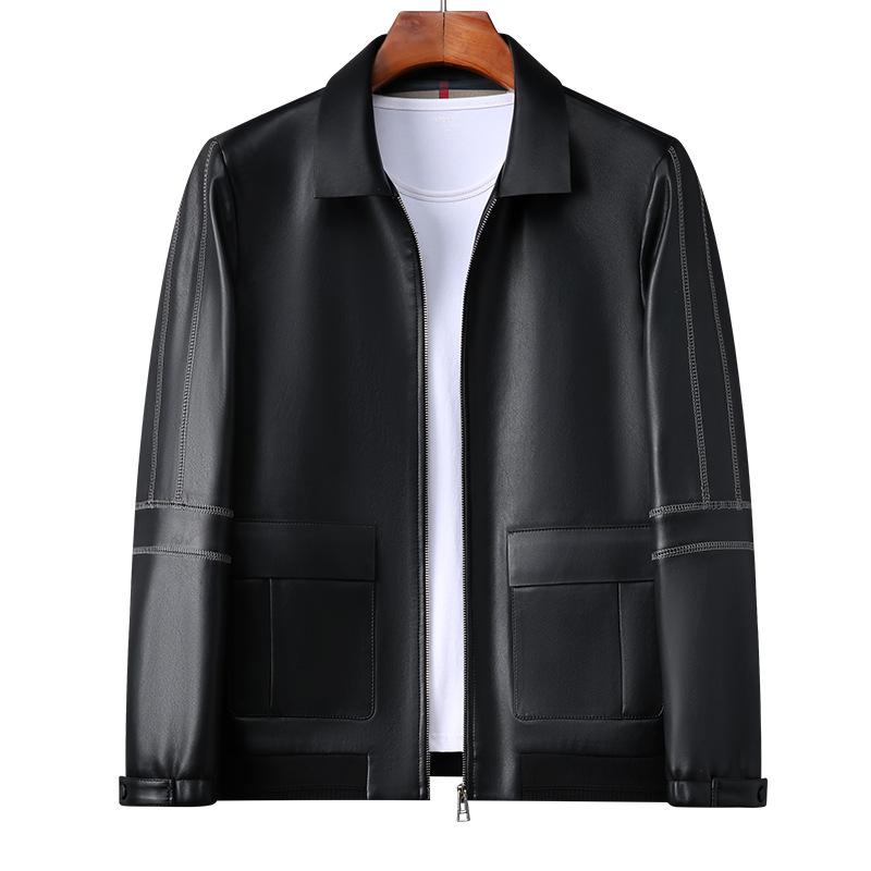 Leather Jacket Men's Lapel Motorcycle Leather Jacket Winter Sheepskin Casual Middle-aged Large Pocket Coat