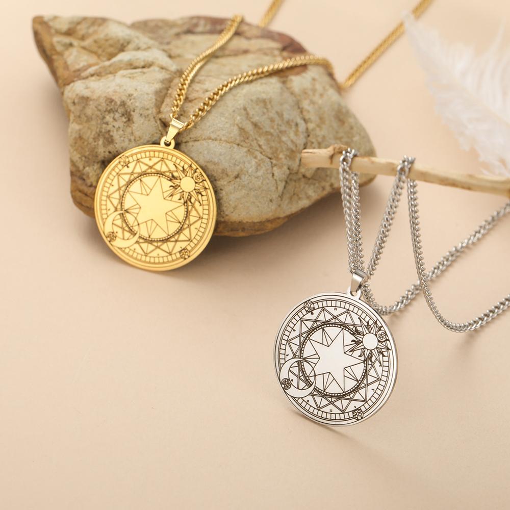 Dawapara Pentagram Crescent Necklace Sakura Magic Circle Sun Moon Star Magic Array Good Luck Amulet Stainless Steel Jewelry