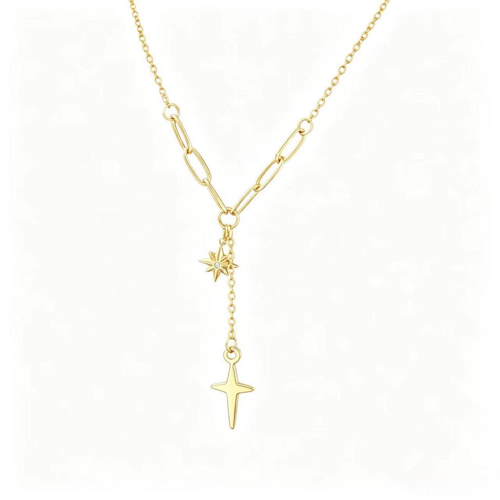 Eight-Pointed Star Clavicle Necklace with Rhinestone Tassel and Cross Pendant in Stainless Steel