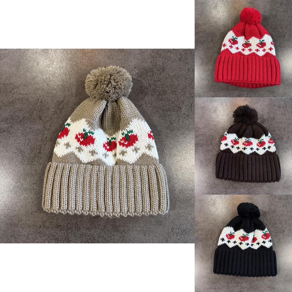 Warm Knitted Hat Cherry Embroidery Design And Plush Ball Decoration For Autumn Cold Weather And Casual Wear