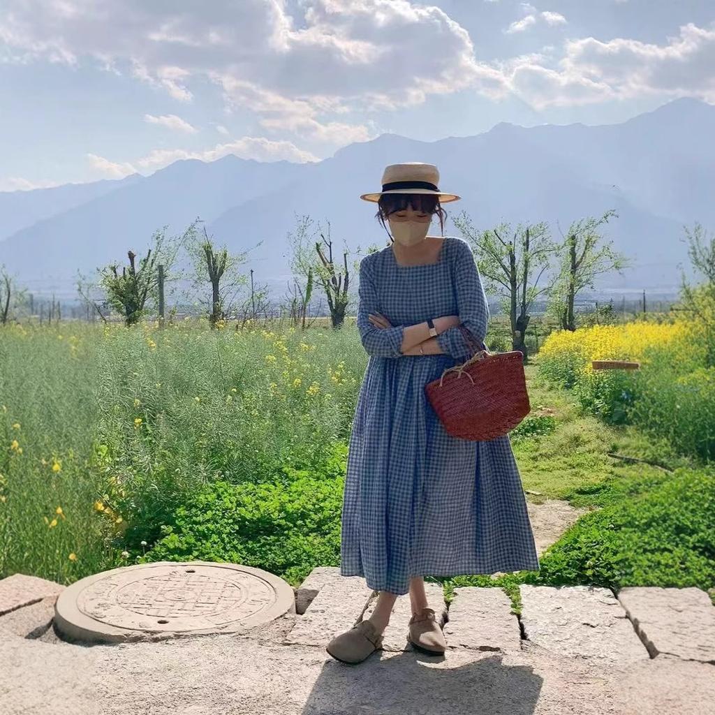 Spring Japanese dresses crew neck long sleeve blue plaid skirts women's vintage slim long skirts