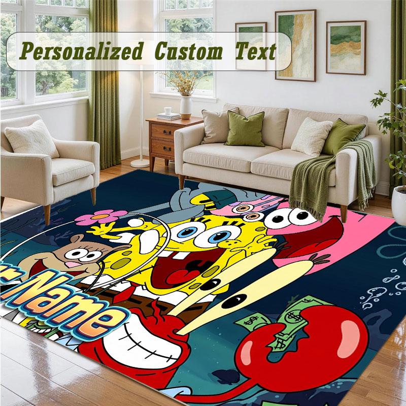 Crystal Velvet Square Rug Custom NameSpongeBob Pattern Non Slip Home Floor Decor Rug