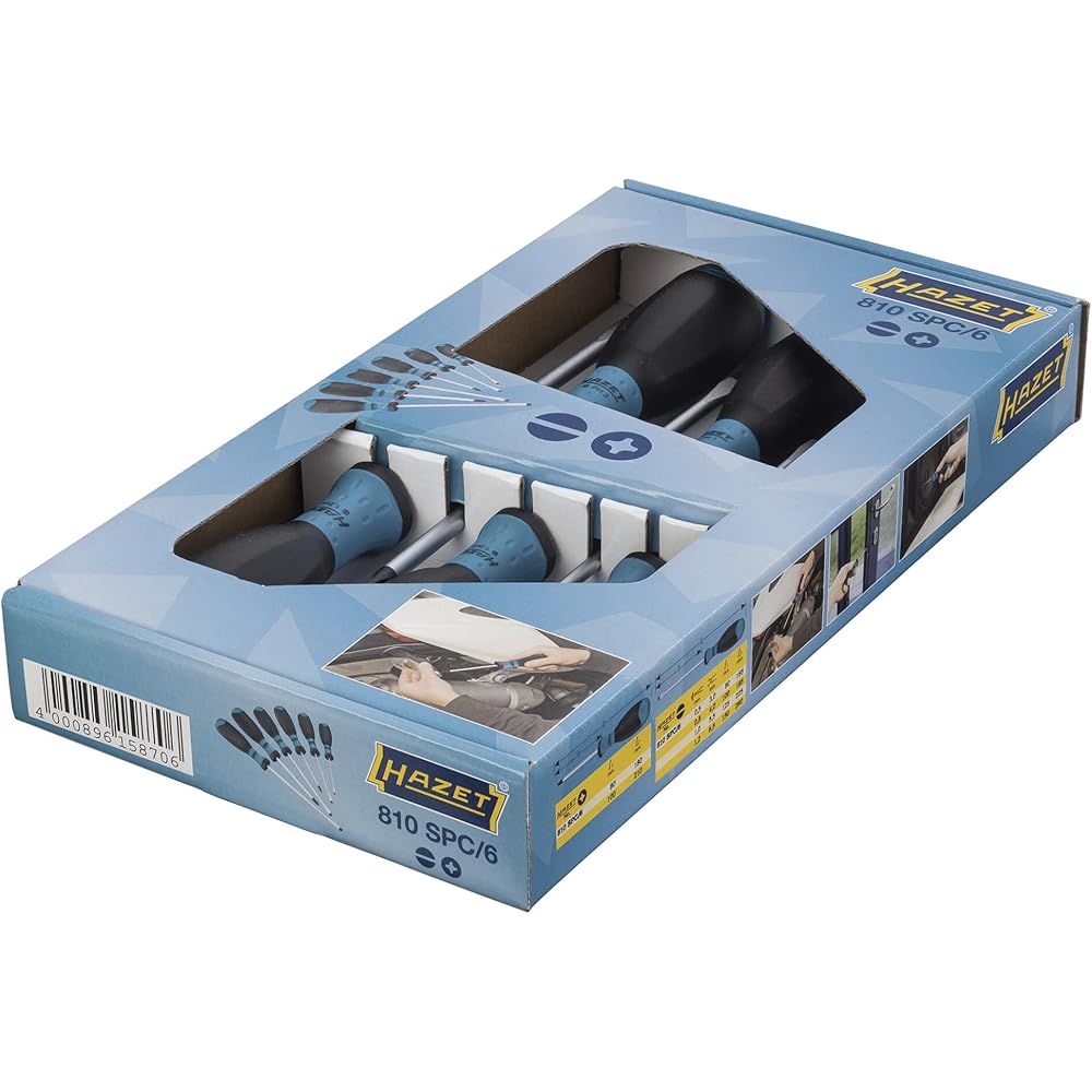HAZET 810SPC/6 Screwdriver Set, Hazet Blue, 6-Piece Set, 4 Flathead and 2 Phillips Screwdrivers, 3-Component Grip, Non-Slip Surface, High Torque Trans