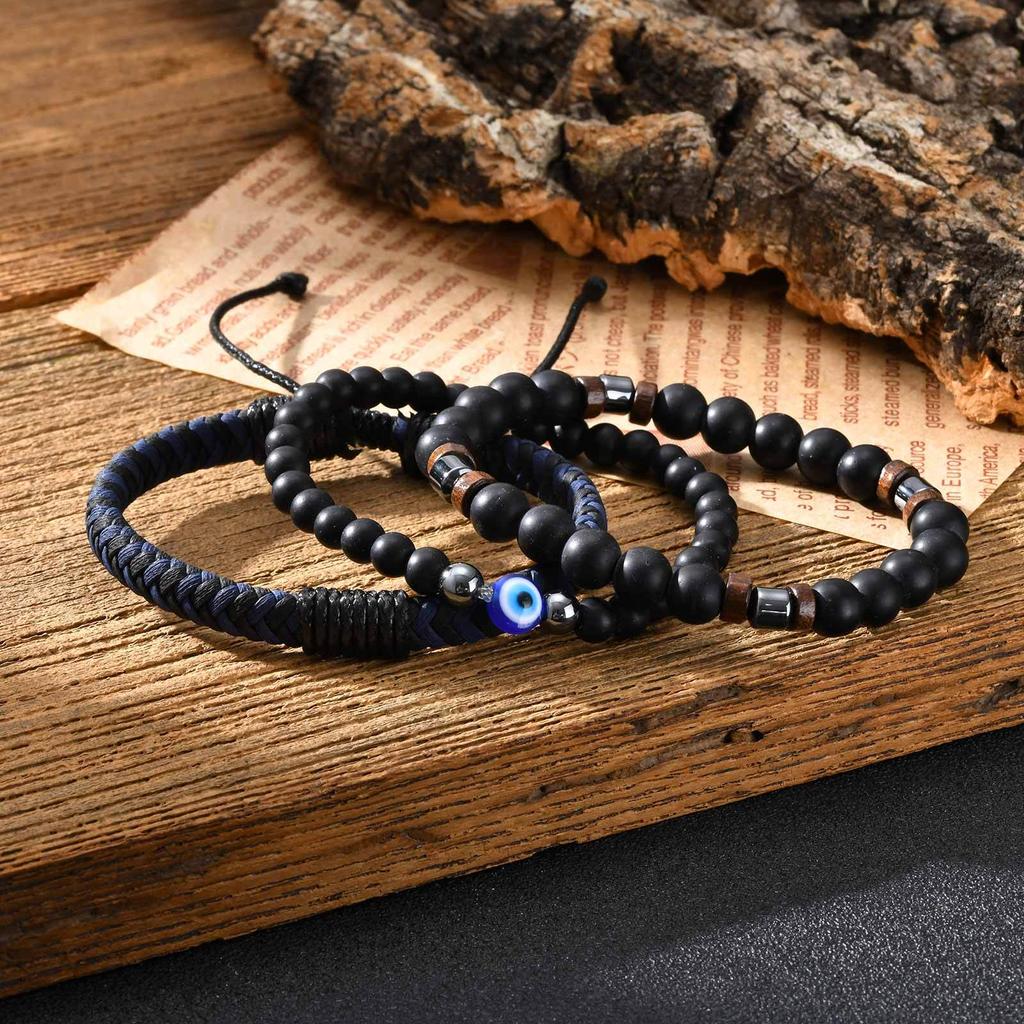 3pcs Devid Eye Beaded Bracelet for Men,Black Color Layers Leather Wristband,Birthday Anniversary Gift