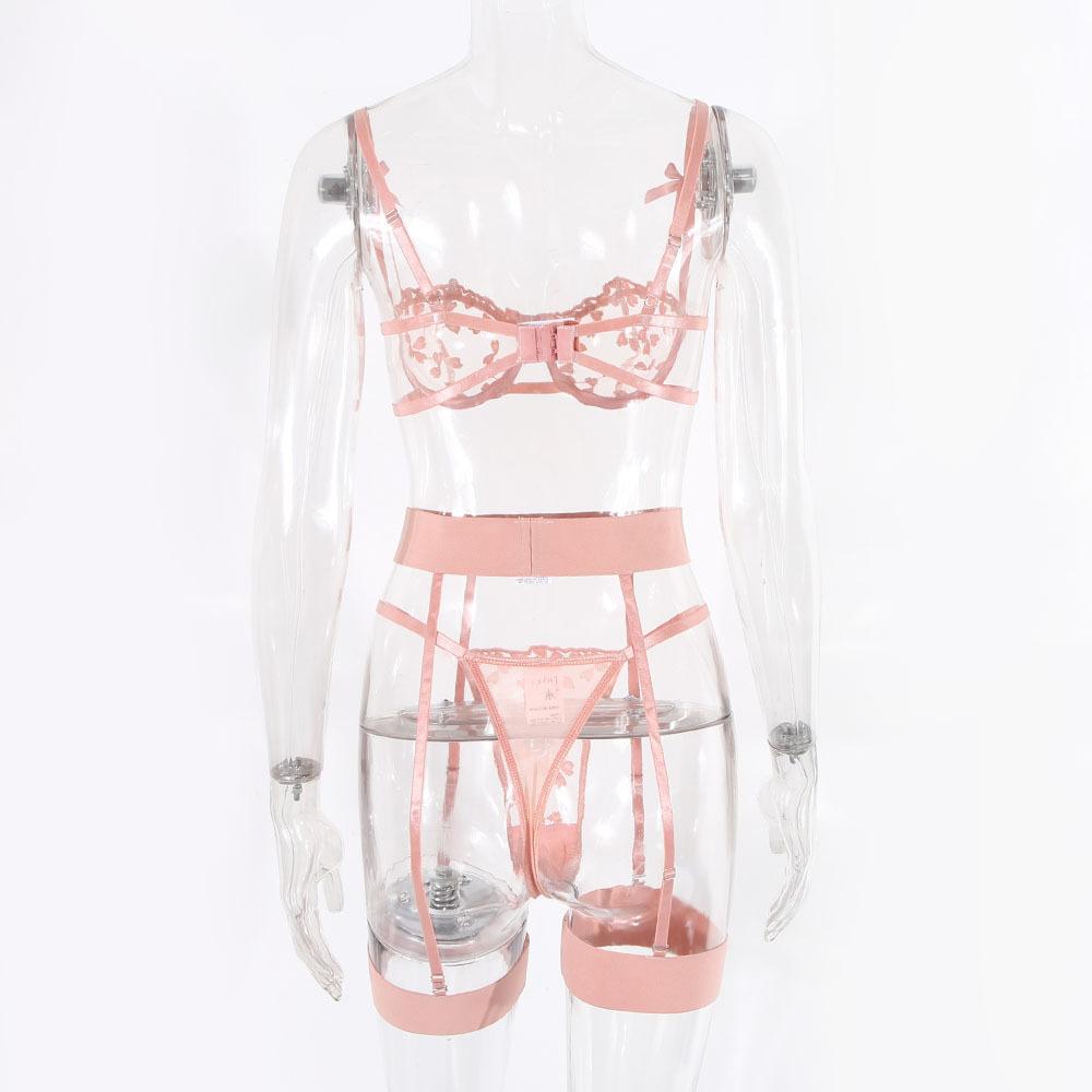 European and American love qu underwear women's fun couple lace three-point suit women's sexy small breasts gather pure desire underwear free