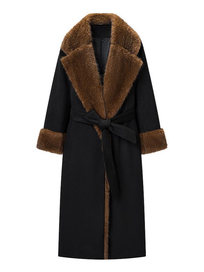 Women's Commuting Long Woolen Overcoat with Large Fur Collar and Belt