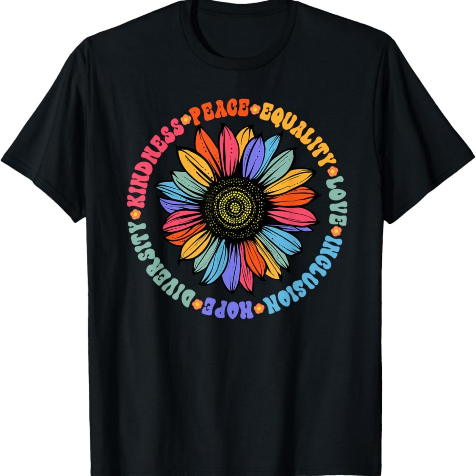 Kindness Peace Equality Love Hope Diversity Human Rights Black Floral Sunflower Pattern T-Shirt S