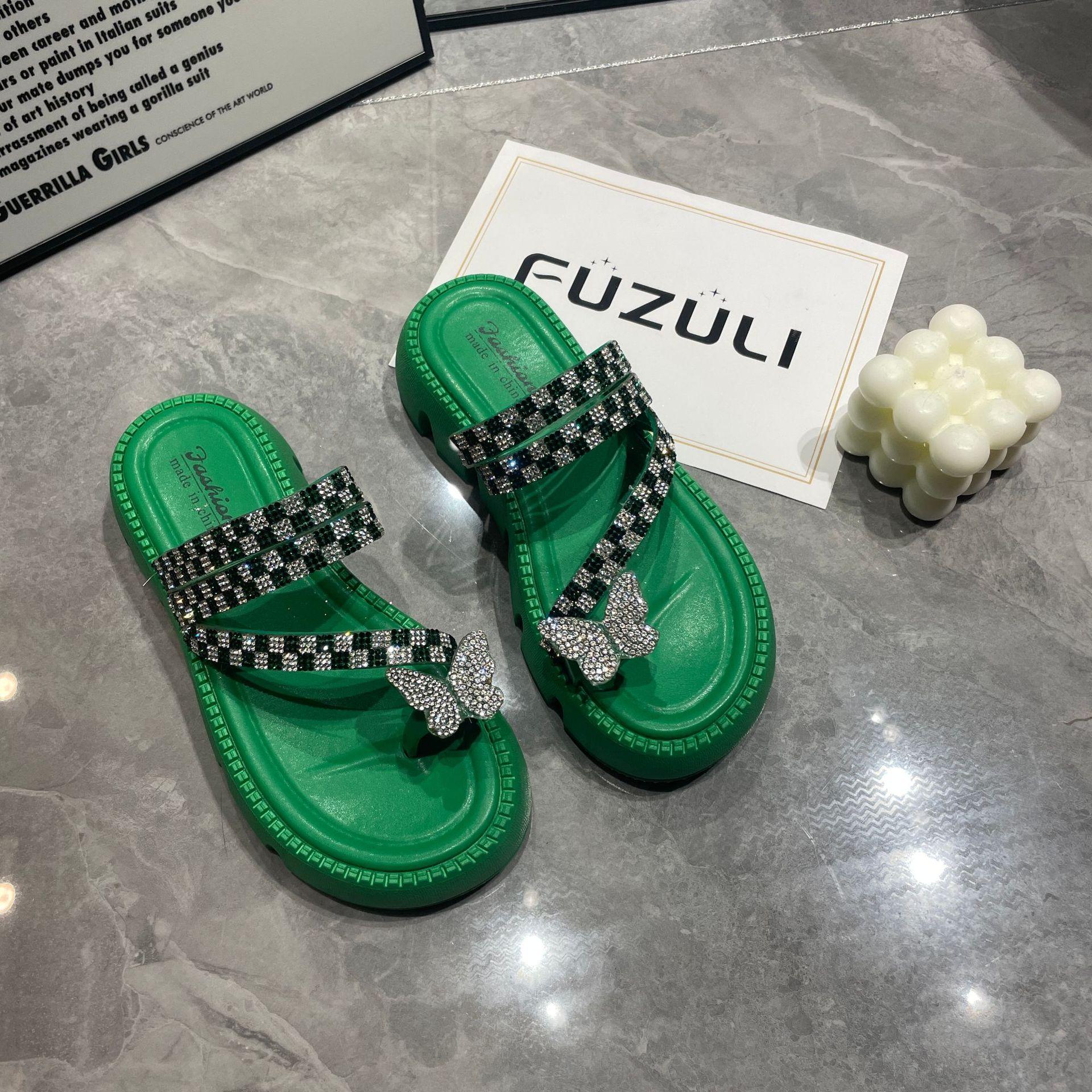 

Модные римские тапочки женские со стразами интернет знаменитости классные тапочки летняя одежда дышащие толстые подошвы увеличивающие кексы туфли женские 40 зелёный