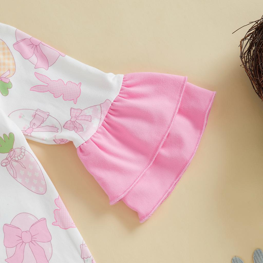 Rampersy dla dziewczynek ubranka wielkanocne królik marchewka pisanki nadruk falbanki długi rękaw wiosenne body z opaską