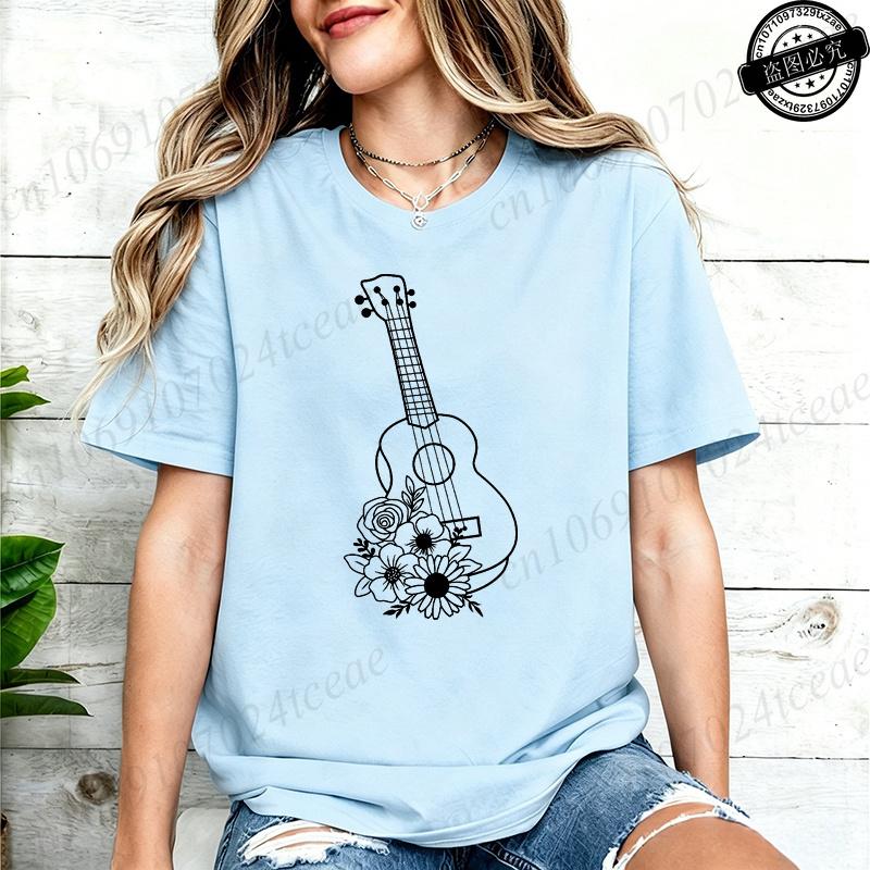 Sommer Mode Damen T-Shirt Kurzarm Kleidung Blumig Gitarre Grafik T-Shirt Damen Musik Lässig T-Shirts Musiker Geschenk