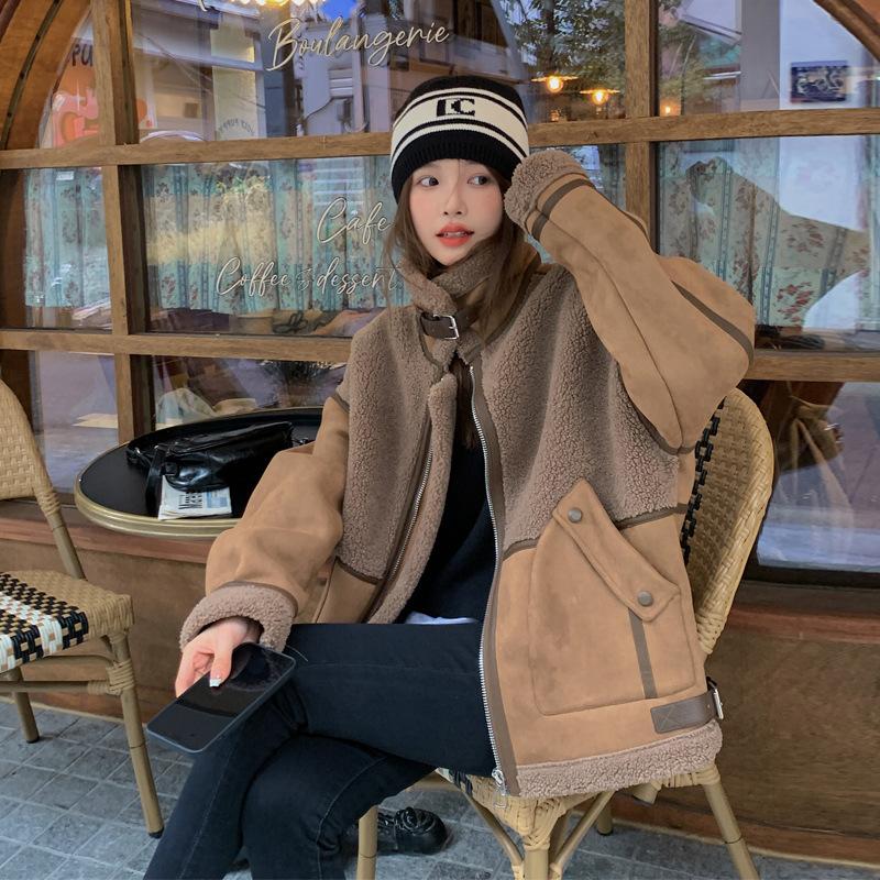 Damen Pelz Einteiler Faux Lammwolle Mantel Damen Winter Sinn Gepolstert und Verdickt Spleißen Biker Anzug Jacke