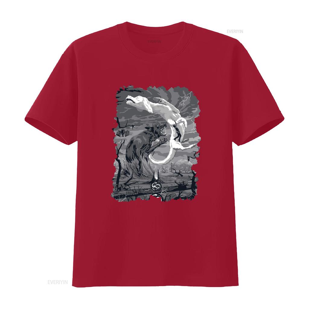 Gothic Dark Fantasy Black White Wolf Print Casual Streetwear T Shirt Vintage Washed Comfortable Top For Everyday Wear Fashion