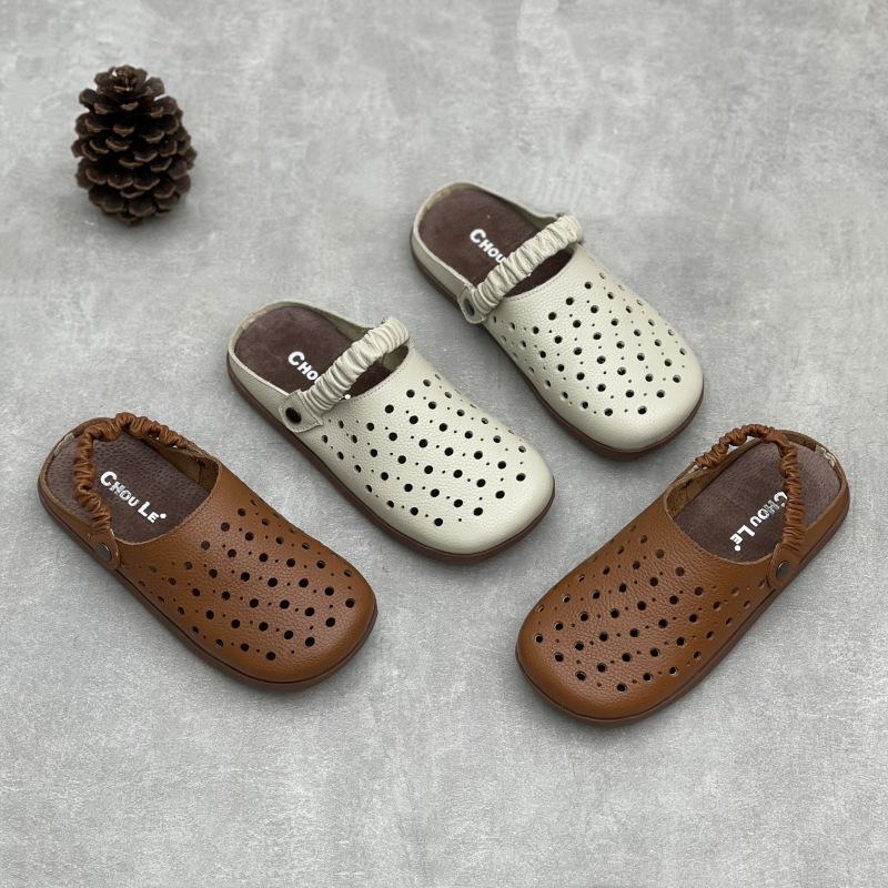 Johnature Handmade Genuine Leather Hollow-out Flat Sandals Comfortable Soft Soled Women's Slip-on Shoes