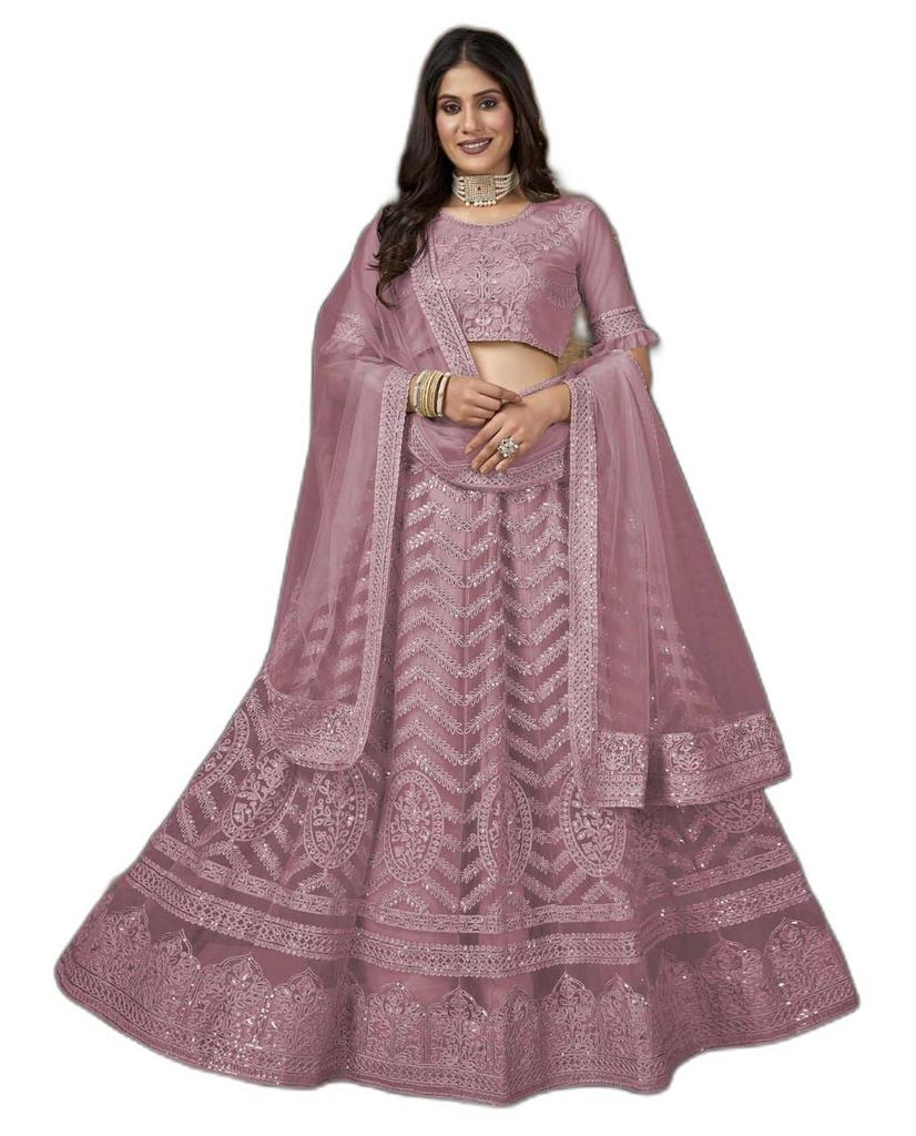 ZAALIMA FASHION WITH Z LOGO Amazon Brand-Women's Net Embroidred Lehenga Choli And Dupatta Set (Free Size) (Pink)