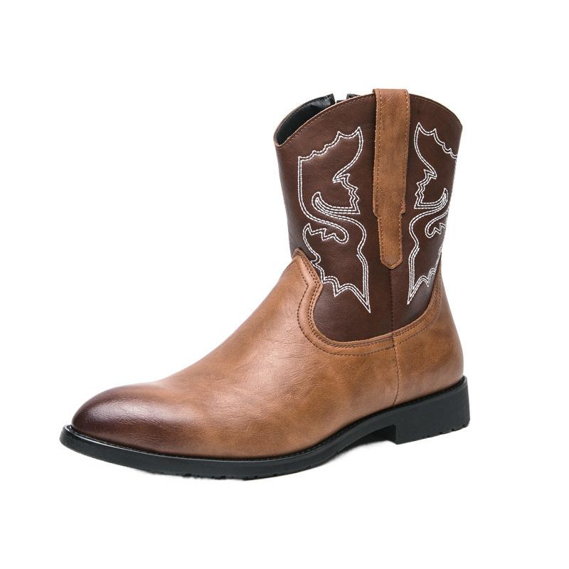 Men's Retro Western High-Top Boots: Large Size, Matte Leather, Pointed Toe, Chunky Heel, Embroidered, Autumn/Winter.