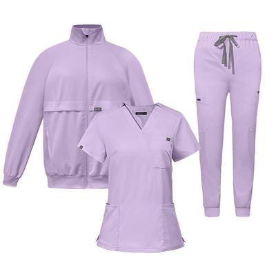 Three-Piece Nurse Scrub Set: V-Neck Jacket, Short-Sleeved Top, Long Pants with Elastic Waist.