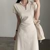 Women's Summer Retro Korean POLO Collar Color Block Slimming A-Line Dress