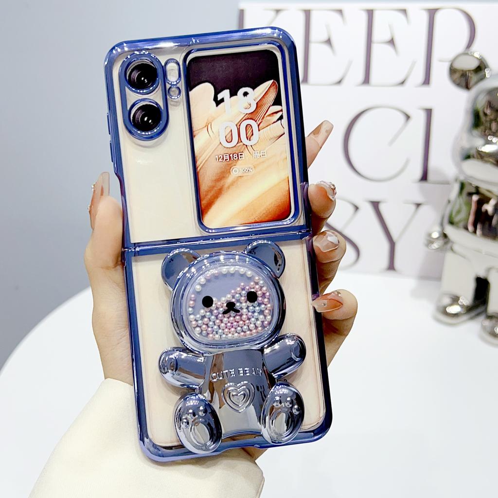 Quicksand bracket bear suitable for OPPOFindN2Flip mobile phone case luxury folding cute cartoon electroplating protective case