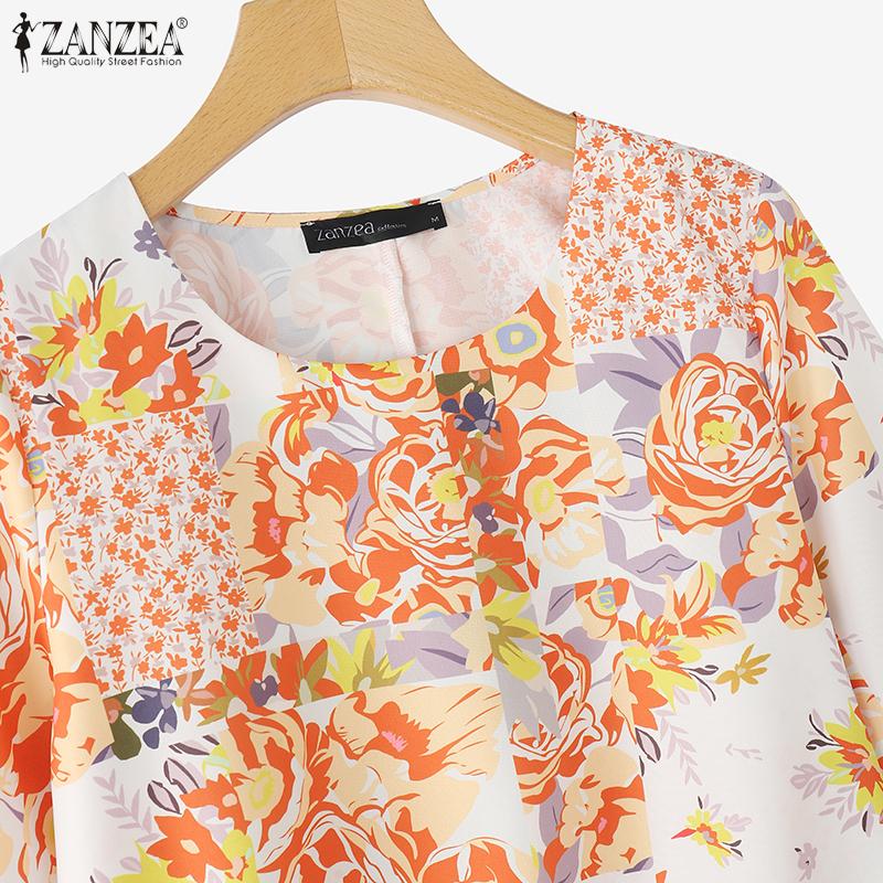 ZANZEA Women Casual Round Neck Loose Short Sleeve Floral Blouse