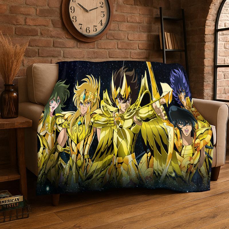 Retro Saint Seiya Anime Cartoon Flannel Blanket Soft Warm Throw Blanket for Bedroom Living Room Bed Travel Camping Picnic Gift 75x90cm