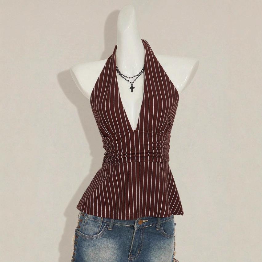 Stylish Multi-color Halterneck V-neck Pleated Vest - Summer Fashion