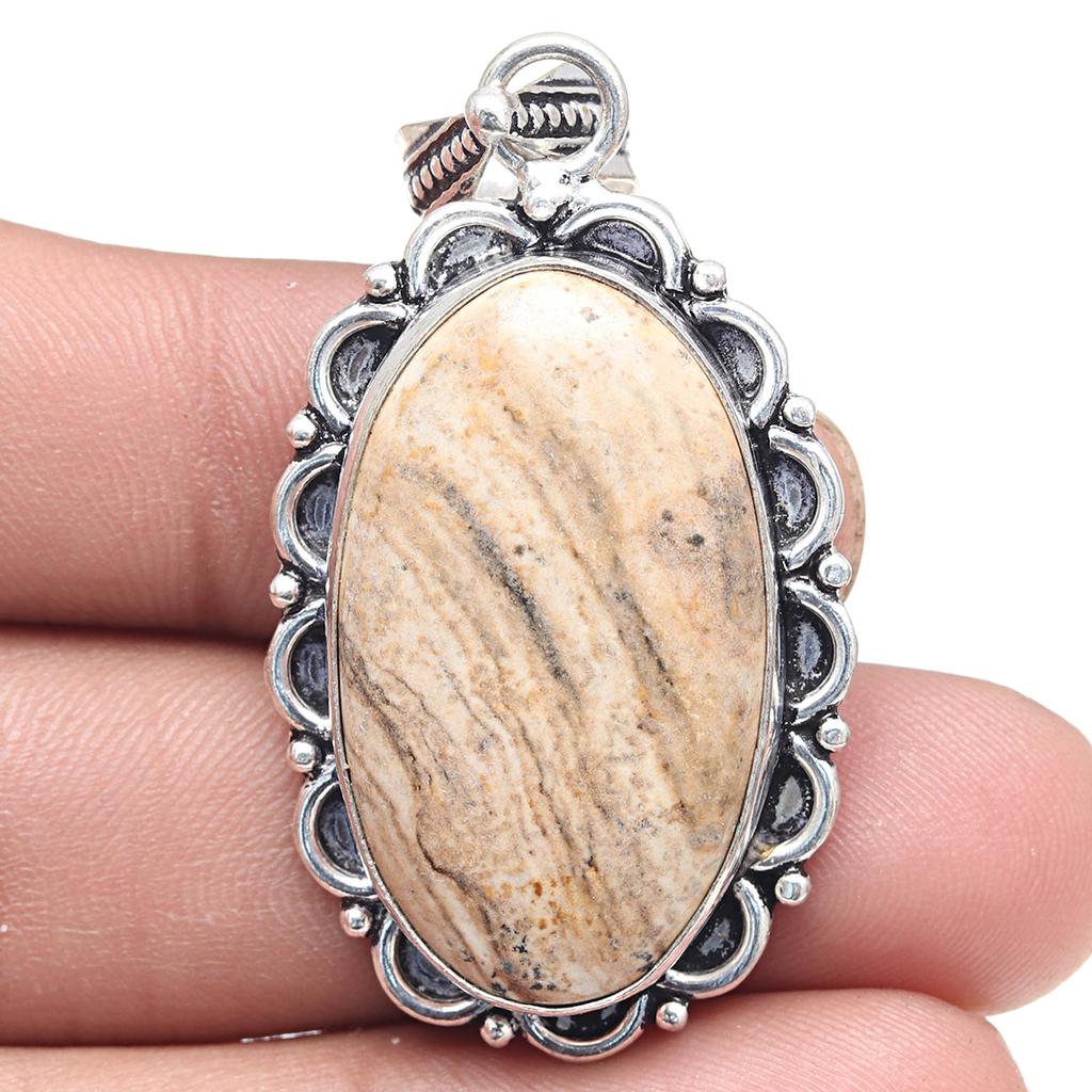 Anhänger Bildjaspis Edelstein Handgefertigt Geschenk Für Sie Silberschmuck 2,25"