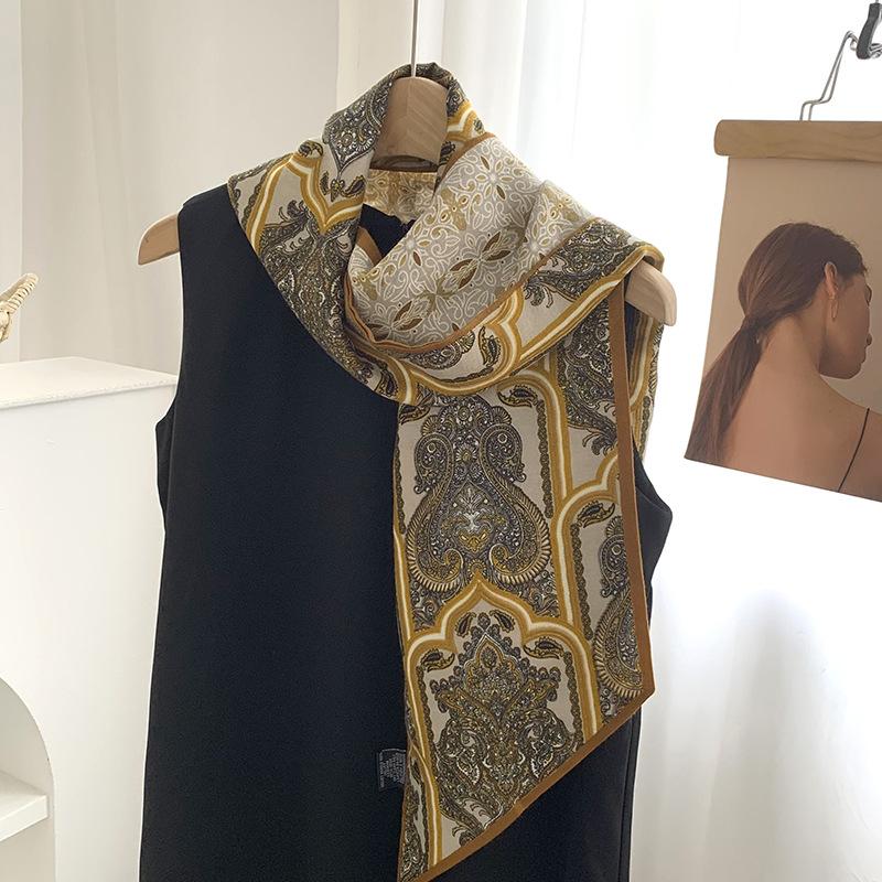 Silk scarf long strip high-end new cashew flower versatile temperament scarf with shirt silk scarf streamer belt