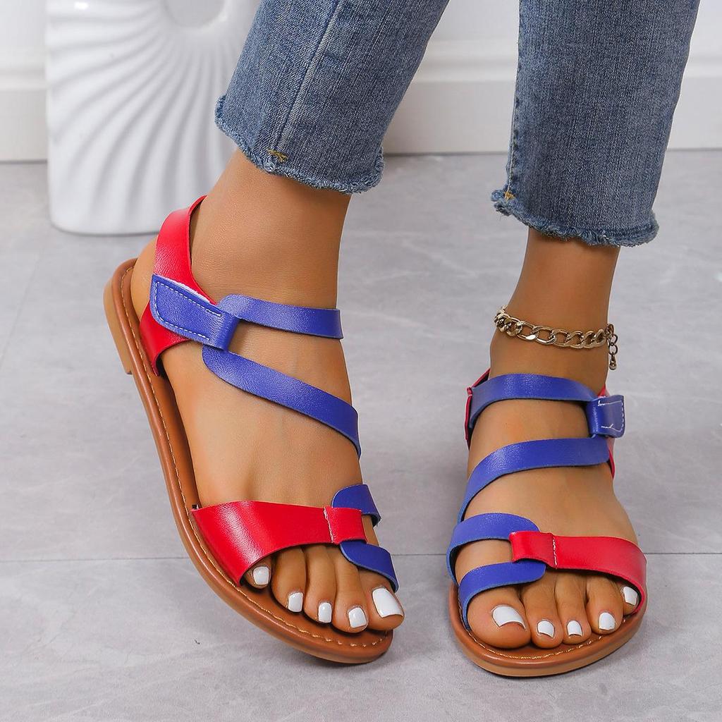 Sandali bassi da donna con velcro color block, antiscivolo, casual da spiaggia, sandali con tacco basso