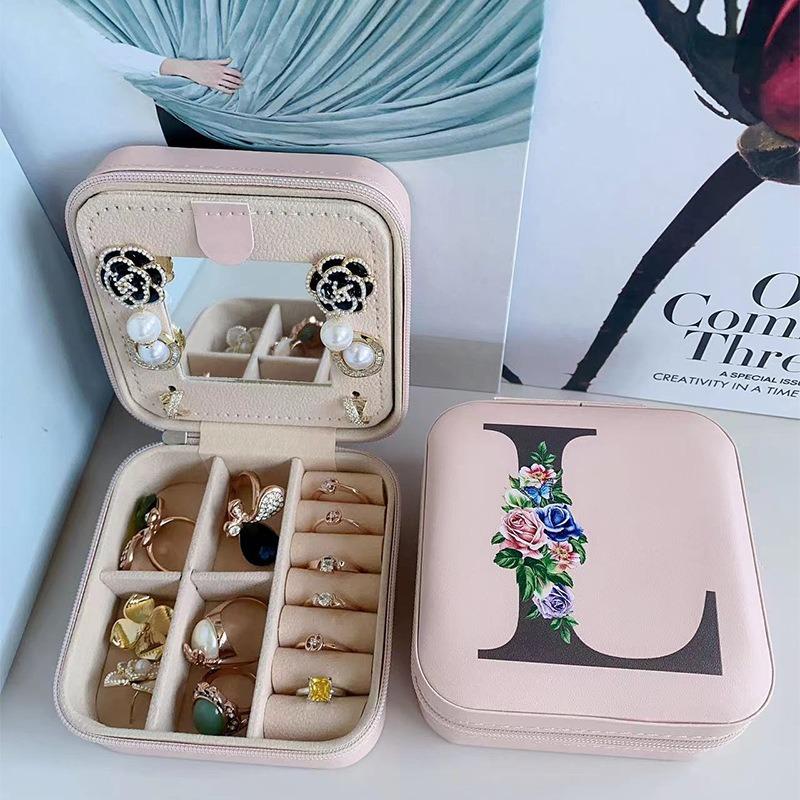 PU Leather Jewelry Box Mirror Storage Box 26 Letter Printed Portable Jewelry Organizer Earring Ring Necklace Case