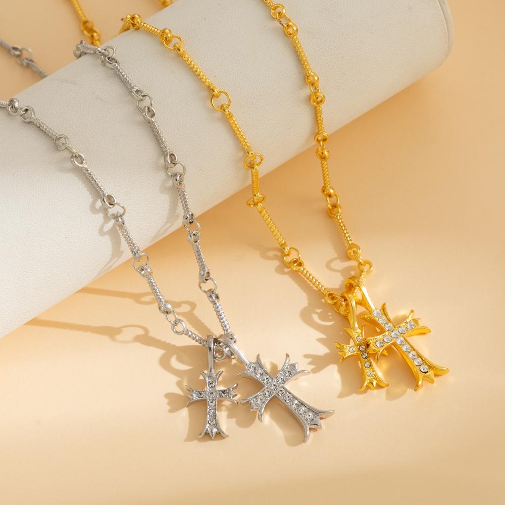 Full Diamond Double Cross Long Necklace Women's Trend High Sense Baroque Versatile Retro Sweater Chain