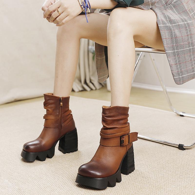 Fashion GKTINOO 2025 New Autumn Winter Thick Heel Ankle Boots Women Warm Boots Shoes Handmade Genuine Leather Zipper Retro Boots 34-41