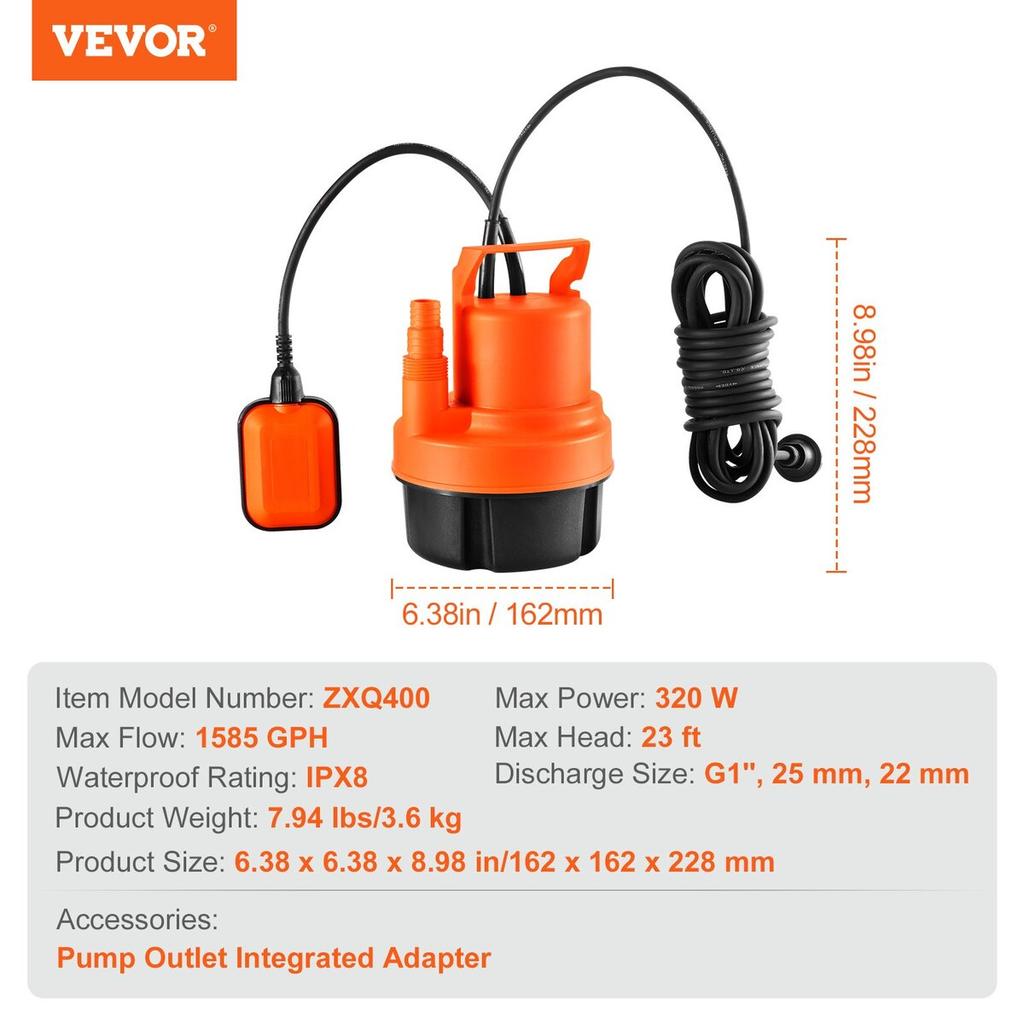 Submersible Utility Pump Sump Pump 320W 1585 GPH 23 Ft Head Water Pump