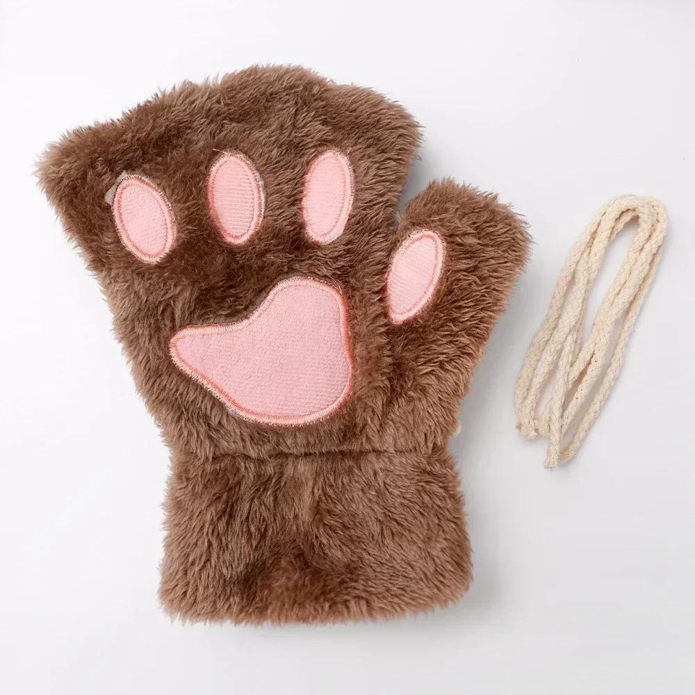 2026 Autumn Winter Kawaii Plush Cat Claw Paw Gloves Warm Soft Short Fingerless Fluffy Bear Mittens Costume Half Finger Gloves
