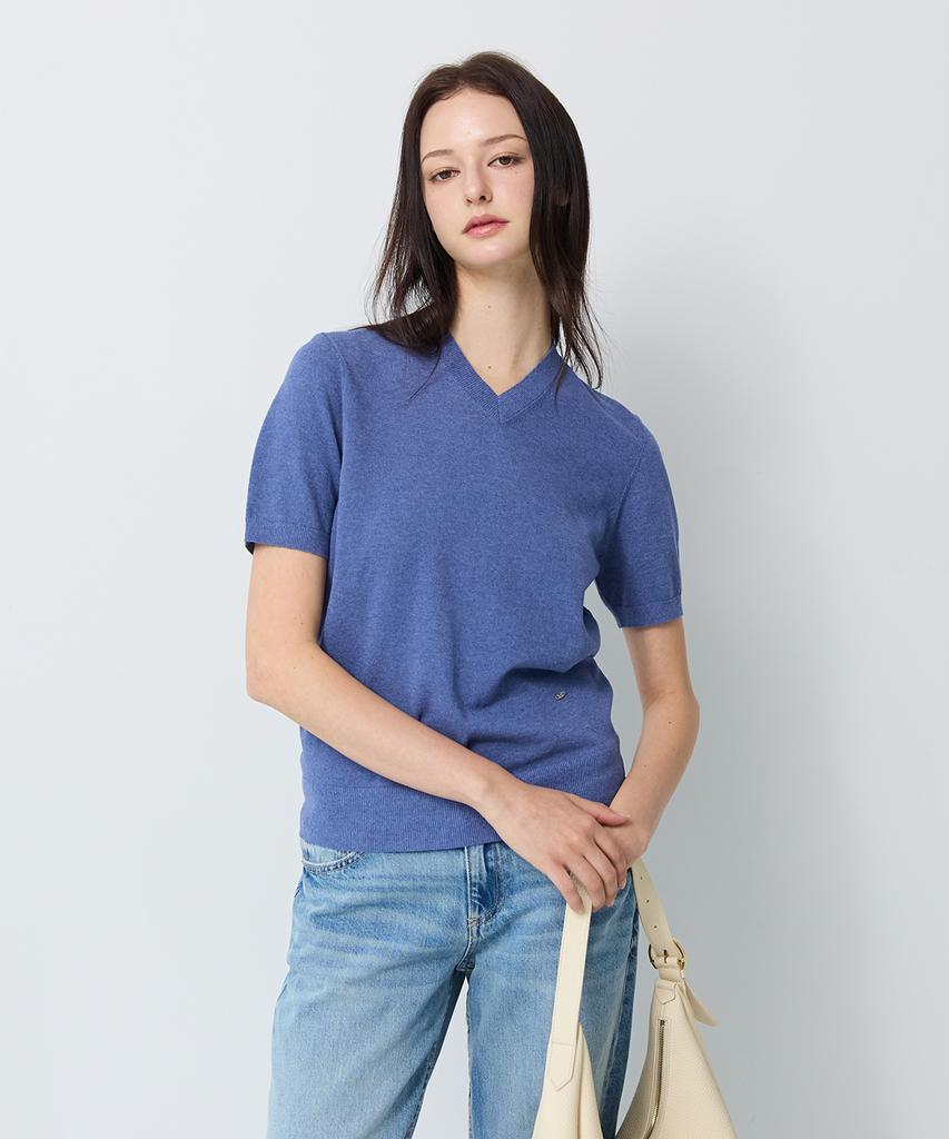 SHINE ON YOU Linen Cotton V-Neck Short Sleeve Knit - Denim