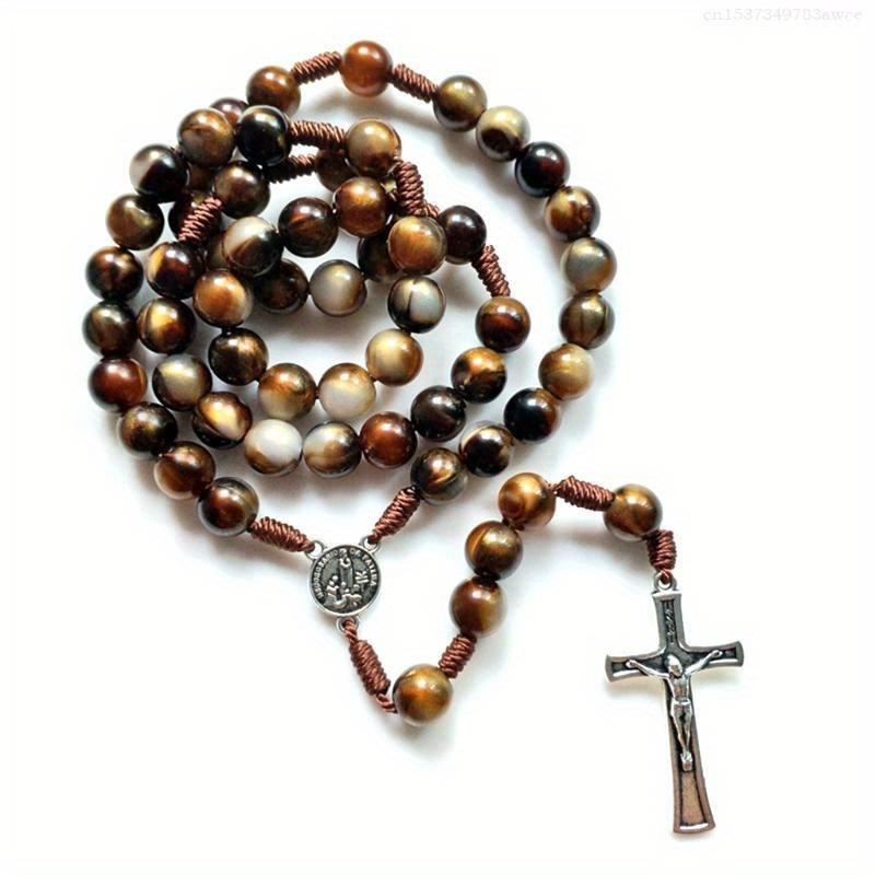 Vintage Rosary Catholic Prayer Beads Necklace Christ Jesus for Cross Pendant Necklace Beaded Religious Jewelry Gift F0T6