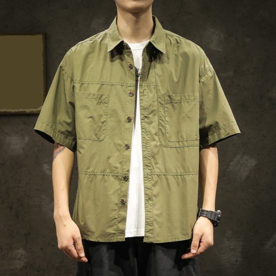 Spring Men Cargo Shirt Turn-down Collar Single-breasted Loose Mid Length Solid Color Chest Pocket Breathable Soft Short Sleeves Streetwear Outdoor Top