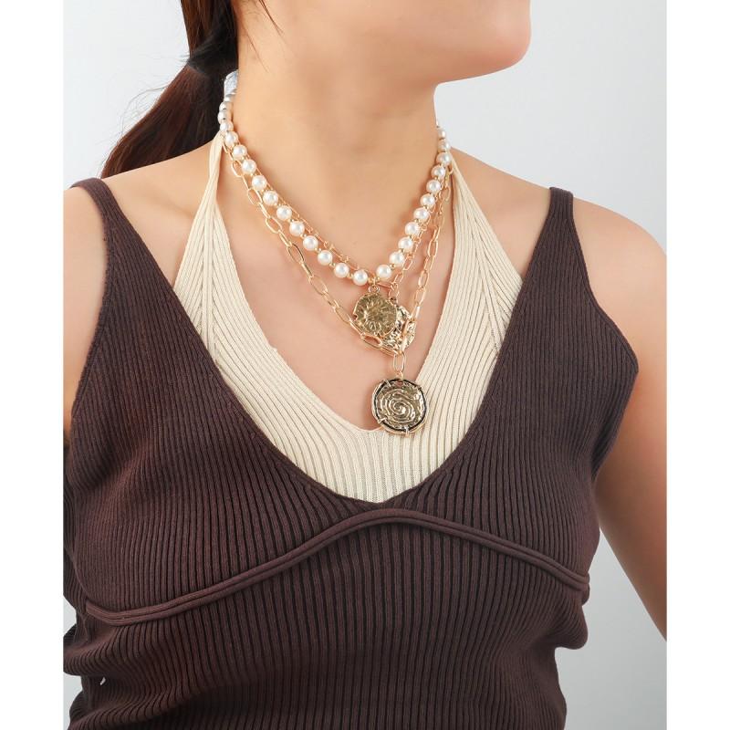 Layered Gold-Tone Alloy Necklace Set With Multi-Row Imitation Pearl Coin Pendants Women Geometric Chic Statement Jewelry
