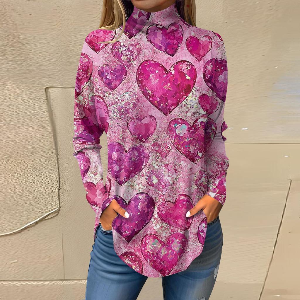 Women Fall Casual Long Sleeve Shirts Sweatshirt Printed High Neck Top Pullover