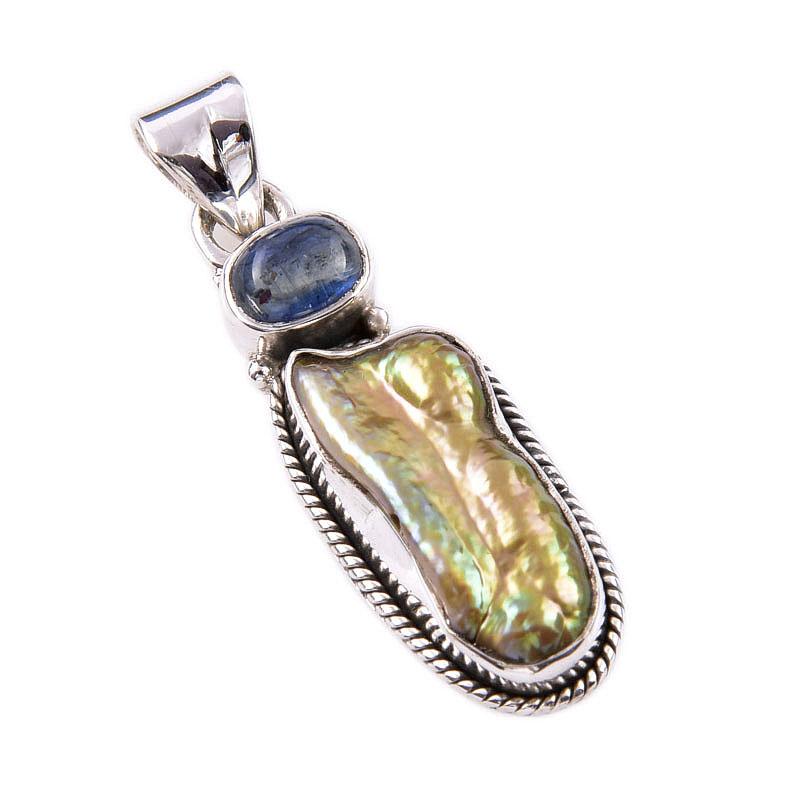 Natural Biwa Pearl,Kyanite Gemstone 925 Solid Sterling Silver Pendant 1.50" m2S01