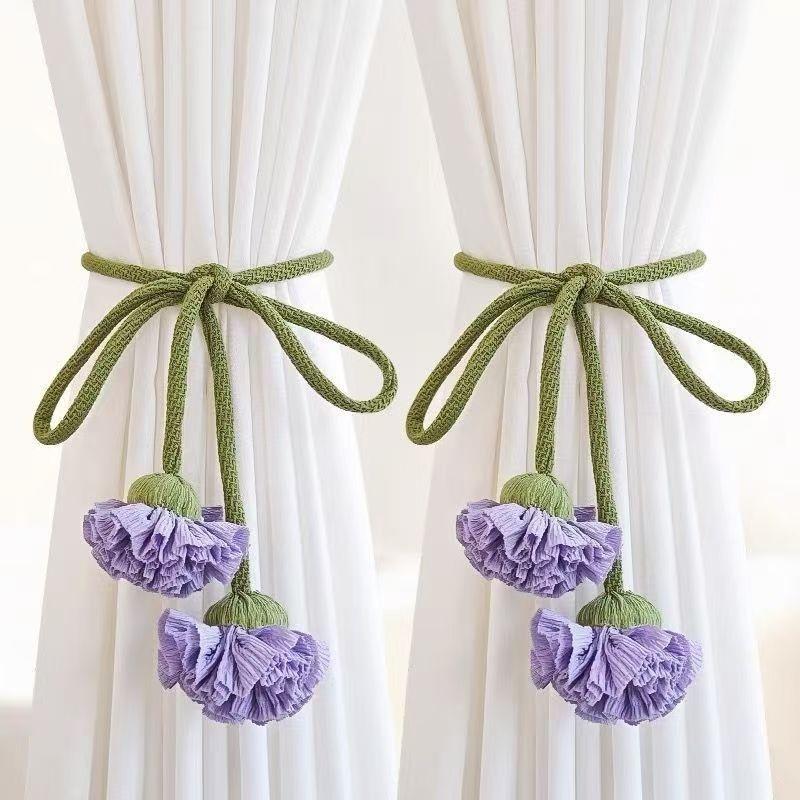 Elastic Band Curtain Tieback Flower Shape Adjustable Window Curtain Buckles Tassels No Punching Curtain Rope Holders Kids Room