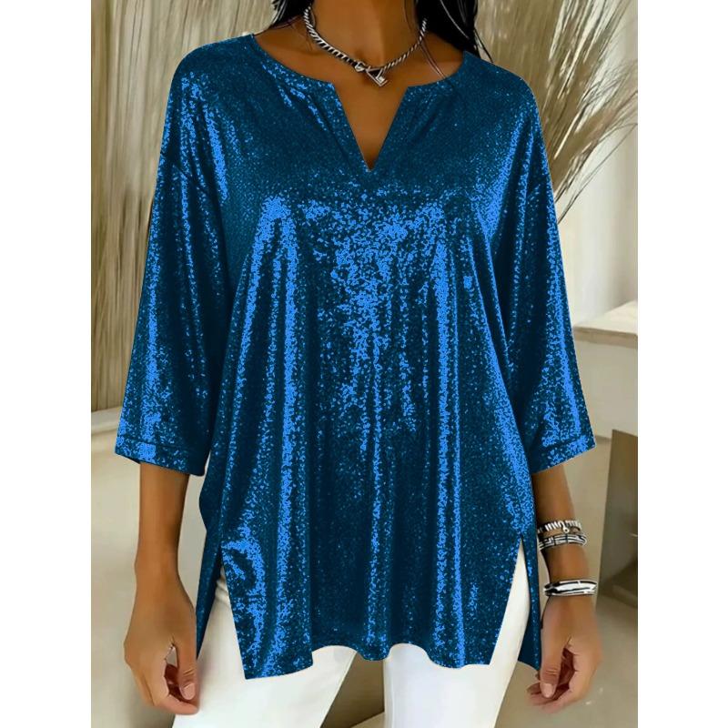 Women's Large Size T-shirt Spring and Summer Seven Quarter Sleeve Shiny Loose Casual Female T-shirt Fashion V-neck Solid Color Office Ladies Tee Tops