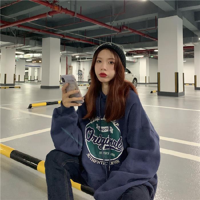 Women's Hooded Long Sleeve Sweatshirt Loose Fit Vintage Letter Printed Pullover Hoodie Couple Autumn Daily Outerwear