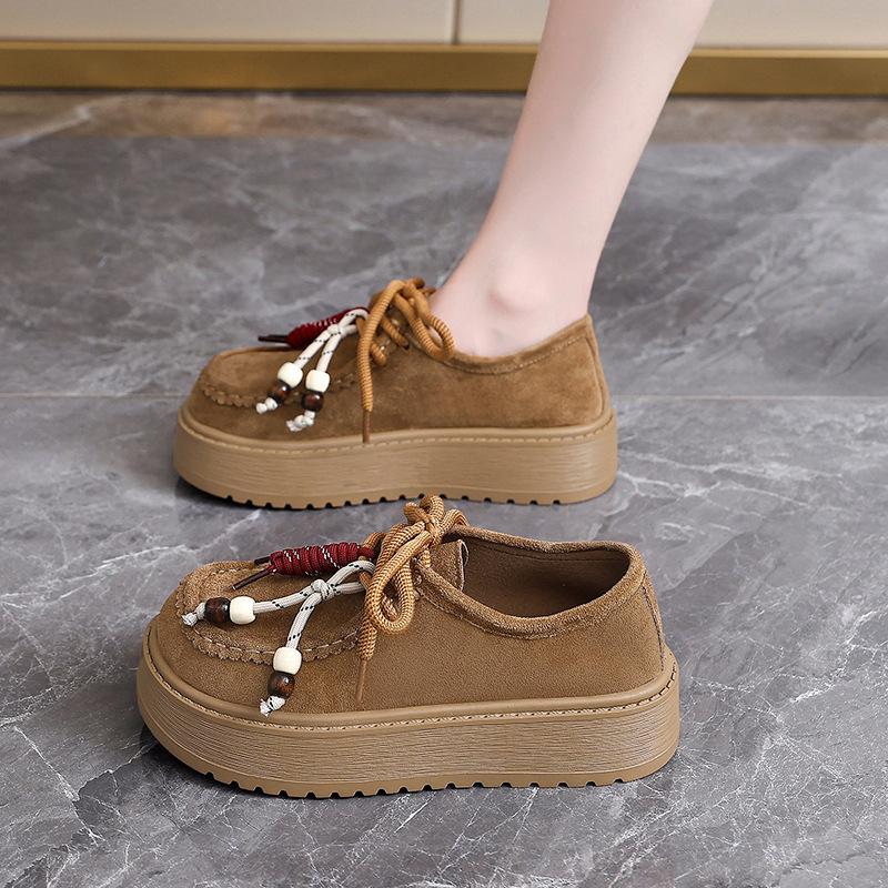 Retro fringed beaded loafers women's autumn 2025 new suede comfortable soft muffin sole casual shoes
