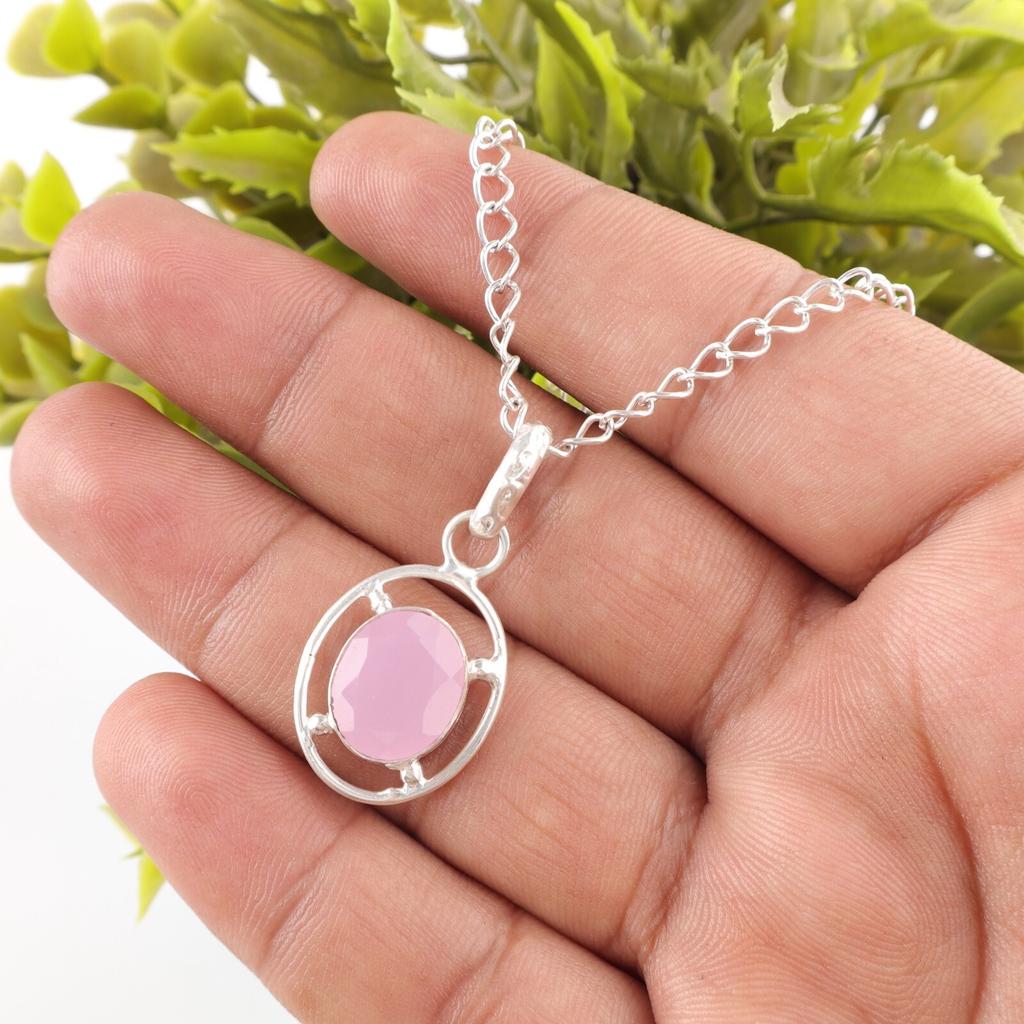 Rose Chalcedony Stone Art Deco Birthday Gift Pendant Jewelry 925 Sterling Silver PP-6-13