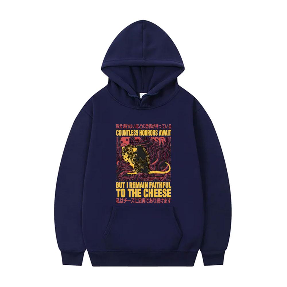 Countless Horrors Await But I Remain Faithful To The Cheese Hoodie Funny Japanese Rat Print Tracksuit Men Casual Vintage Hoodies