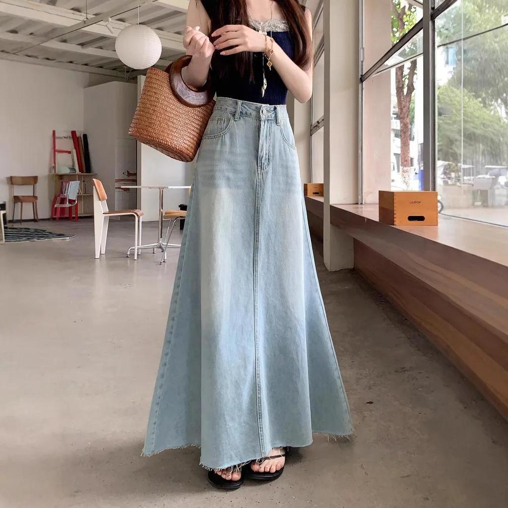 Retro Denim Mini Skirt Women's Spring Large Size Long A- Line Loose Slimming Bodycon Skirt