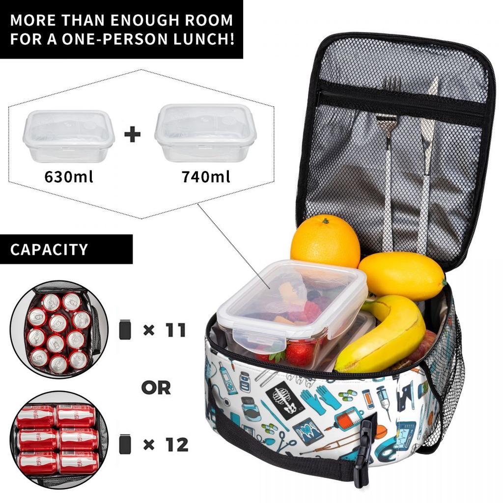 Bolsa de Almuerzo Aislada con Patrón de Equipo Médico para Niños, Nevera Escolar, Fiambrera Térmica, Bolso Tote, Contenedor de Fiambreras Portátil