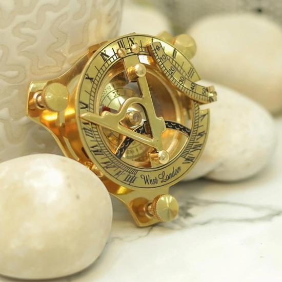 10.16 cm Brass Sundial Compass with Wooden Box Engraved Nautical Compass for Him, Explorer, or Retirement Gift